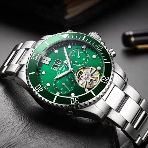New CARNIVAL Water Ghost Series Classic Green Dial Luxury Men Automatic Watches Stainless Steel 200m Waterproof Mechanical Watch