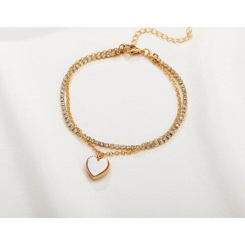 Origin Summer Sweet Double-Layer Love Heart Bracelets for Women Girls Bling Bling Rhinestone Metallic Chain Bracelets Jewelry