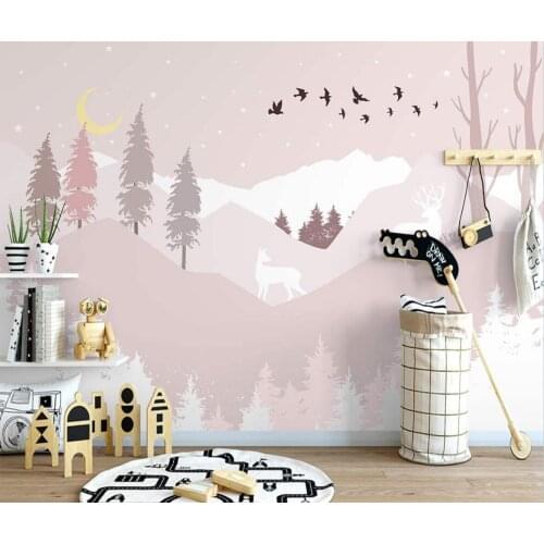 Custom wallpaper Nordic hand-painted forest deer cartoon mountain peak childrens room indoor pink background wall 3d wallpaper