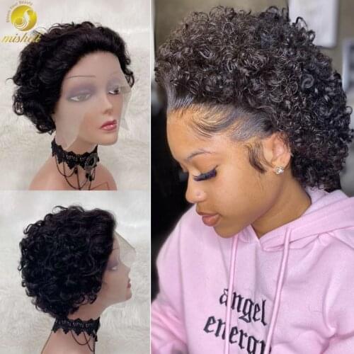 Mishell Popular Sale Pixel Cut Human Hair Wig Bob 13x1 Lace Frontal 150 Density Bouncy Curl Human Hair Style Wig For Black Woman