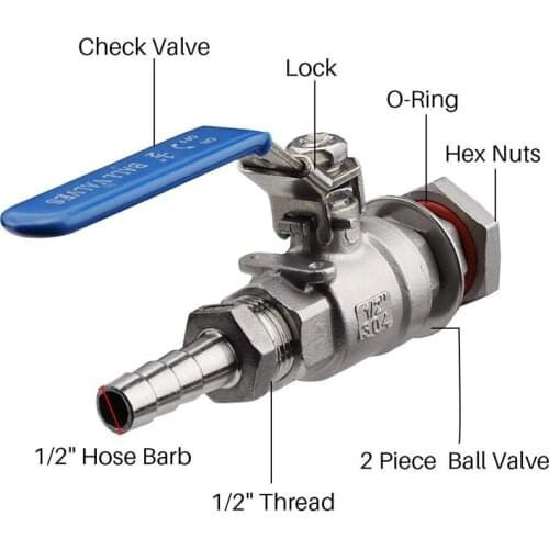 Beer Ball Valve,1/2’’ BSP Weldless Bulkhead Fitting with 12mm Barb, Sanitary Full Port SS Brewing Fermentation Kettle Valve