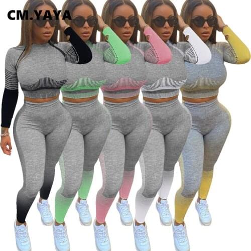 CM.YAYA Active Sweatsuit Print Womens Set Long Sleeve Tee Top Legging Pants Suit Sporty Tracksuit Two Piece Set Fitness Outfit