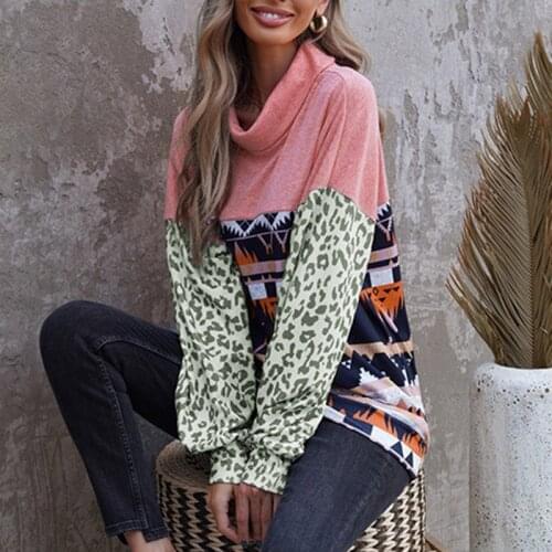 Womens Leopard Print Stitching Turtleneck Pullovers Hoodie Lantern Long Sleeve Elegant Ladies 2021 Autumn Winter Fashion New