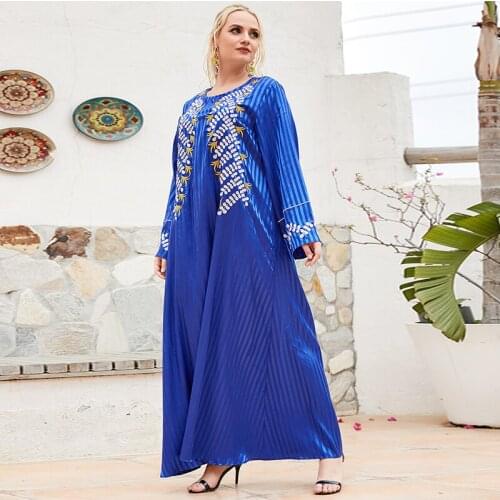 Large size womens ethnic style heavy industry embroidery long-sleeved elegant casual dress blue temperament long skirt