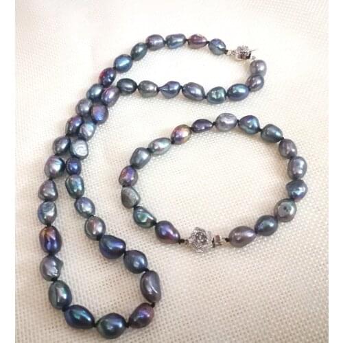 Women Jewelry set 20'' 50cm necklace 10x11mm black blue gray green baroque pearl handmade bracelet natural freshwater pearl