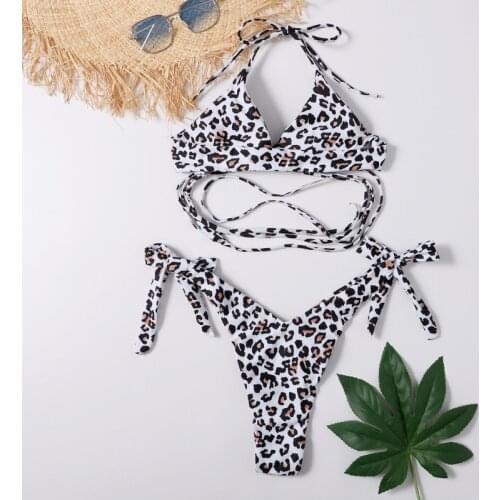 Bikini 2021 Female Two Piece Swimwear Leopard Print Spaghetti Strap Bikini Top+ Bikini Panties for Women Swimming Costume