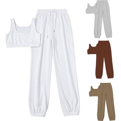 066C Women 2pcs Sport Yoga Outfits Set Sleeveless Crop Tank Top and High Waist Drawstring Jogger Pants Solid Color Tracksuit