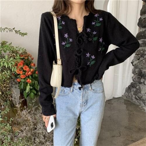 Hzirip Women Knitted Sweater 2020 Autumn Female Cardigan Coat Floral Embroidery Two-Piece Suit Casual Office Lady All-Match Tops