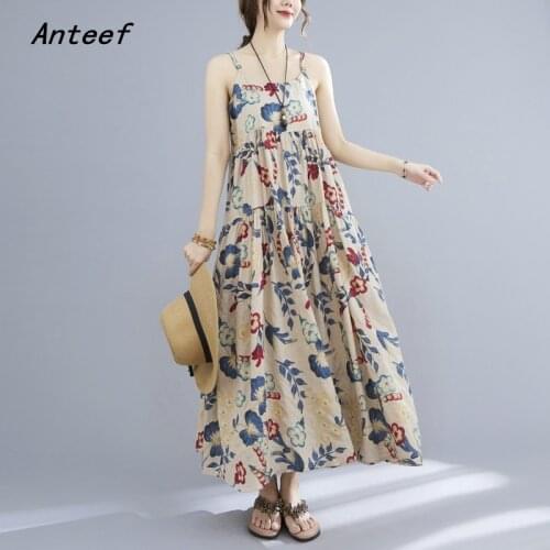 Sleeveless strap cotton vintage floral dresses for women casual loose long woman summer dress elegant clothes 2021