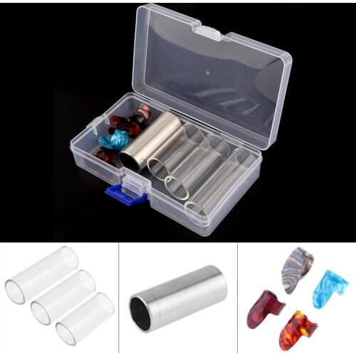 8pcs High-quality Guitar Slide Picks Kit 1 Stainless Steel 3 Glass Slides & 1 Thumb 3 Finger Celluloid Guitar Picks with Box