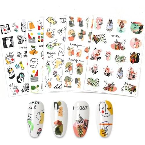 Abstract Graffiti Design Woman Face Nail Stickers Animal Dog Flamingo Horse Stickers For Nails All For Manicure Nail Art Decor