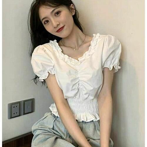 New Girdle Shirts Kawaii Shirt Chiffon Blouses Fashion Crop Tops Women Casual T-shirts Black White Short Sleeve Korean Blusas XL