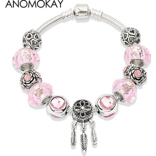 Simple Series Pink Crystal Charm Bracelets & Bangles Silver Plated Dream Catcher Flower Heart Bead Bracelet Casual Pulsera Gift