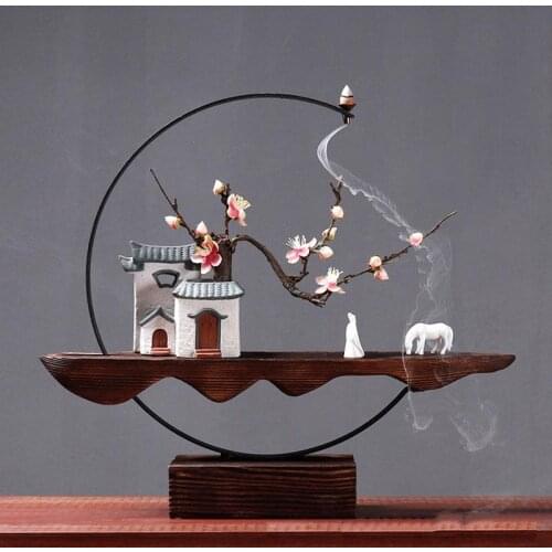 Chinese Zen-Style Wooden Backflow Incense Burner Sandalwood Incense Holder Decor Creative Living Room Desktop Ceramic Crafts