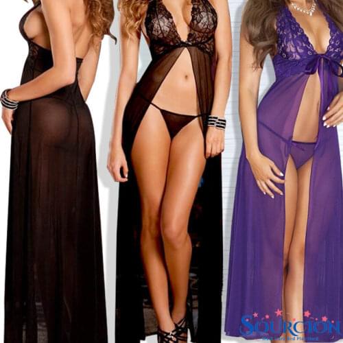 SWT Hot Black Babydoll Sleepwear and G-string Exotic Dress Underwear Ladies Hot Sexy Lingerie Porno Lace Set for Women