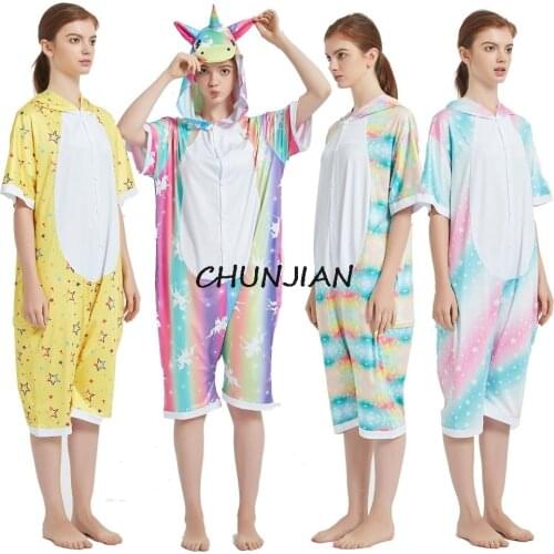 20 Colors Adult Animal Kigurumi Pajamas Unisex Unicorn Pijama Children Summer Short Sleeve One Piece Hoodie Jumpsuits Overalls