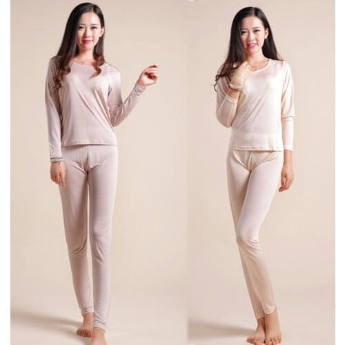 Natural Silk Ladies Health Sleepwear Autumn Clothes Thermal Top +Long Pants Underwear Set Long Sleeve Bottoming Shirt Leggings