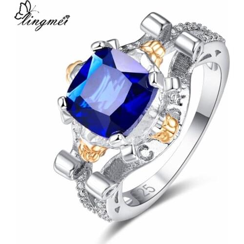 Lingmei New Arrival Classic Princess Cut Royal Blue & White CZ Silver ColorRing Size 6-9 Elegant Attractive Women Jewelry