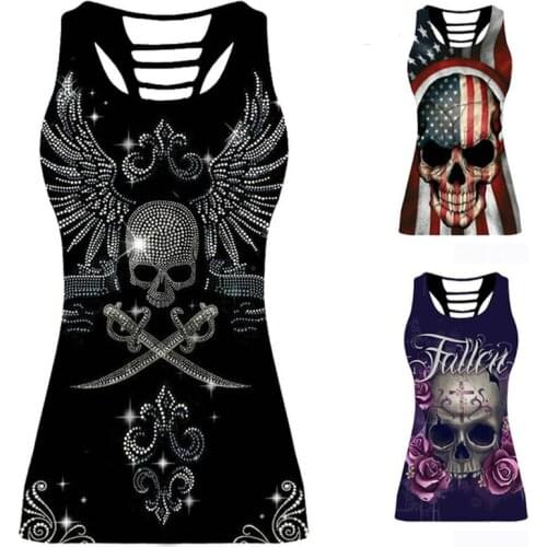 Tank Tops Women Summer Fashion Punk Skull Print Cut Out Back Tanks Sleeveless Graphic Shirt Slim Fit Top Plus Size Female Vests