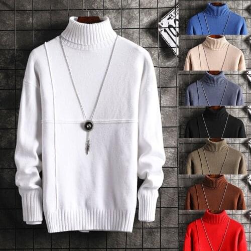 New Fashion Mens Knit Lapel Long Sleeve Turtleneck Turtleneck Solid Color Regular Sweater for Men Winter High