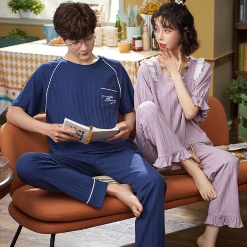 New Couple Pajamas Womens Leisure Pure Cotton Home Womens Mens Short Sleeve Trousers Home Suit Spring Autumn Sleepwear