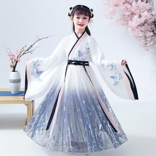 Autumn And Winter Girls' Hanfu Ancient Long Dress With Chinese Embroidery Pattern Wedding Birthday Dress Flower Childrens Wear