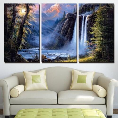 Poster HD Prints Wall Art Frame Bears Pictures 3 Pieces Sunshine Forest Waterfall Mountain Landscape Home Decor Canvas Paintings