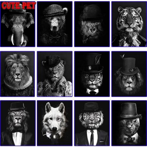 Full Square Diamond Painting Animal anthropomorphism DIY 5D Cross Stitch Tiger Lion Bear Eagle Bird Lion Wolf Embroidery Mosaic