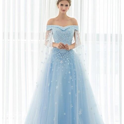 Luxury Light Blue Tulle Off the Shoulder Short Sleeve with Jacket Chapel Train Ball Gown Beaded Appliques Long Wedding Dresses