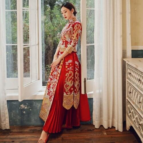 Luxury Ancient Dragon Phoenix Embroidery Marriage Set Oriental Cheongsam Chinese Style Bride Wedding Dress Elegant Toast Clothin