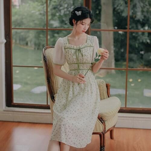 Short Sleeved Chiffon Floral Dresses Women Summer 2021 French Retro Girl Ruffled Bowknot Square Neck Sweet Elegant Fairy Dress