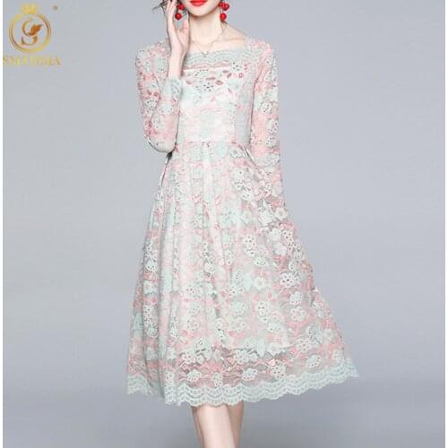 SMTHMA New 2021 Spring Fashion Designer Lace Hollow Out Dress Robe Women Square Collar Vintage Elegant Party Midi Vestidos