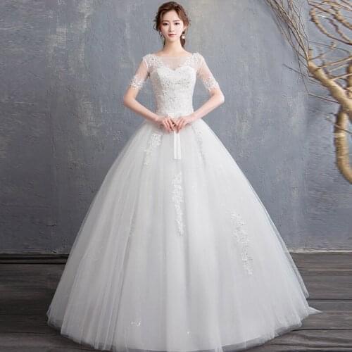 Wedding Dresses Illusion O-Neck Short Tulle Lace Sequined Beading Embroidery Luxury White Floor-Length Women Bridal Gown G504