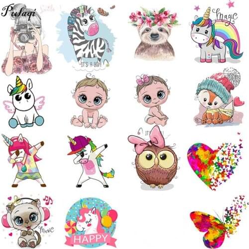 Pulaqi DIY Flower Unicorn Iron On Transfers For Clothes Cartoon Cute Patch Thermal Heat Transfer Vinyl Stickers Garment Applique