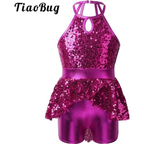 Kids Girls Halter Shiny Sequins Ballet Figure Skating Dress Gymnastics Leotard Unitards Stage Performance Lyrical Dance Costumes