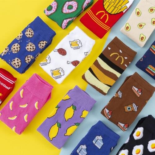 Funny cartoon fruits Cotton socks Women cute banana lemon pineapple avocado food happy Japanese Harajuku skateboard Socks