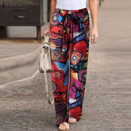 ZANZEA Summer Elastic Waist Cotton Linen Pants Women Vintage Printed Long Trousers Casual Pants Bohemian Lace Up Pantalon Turnip