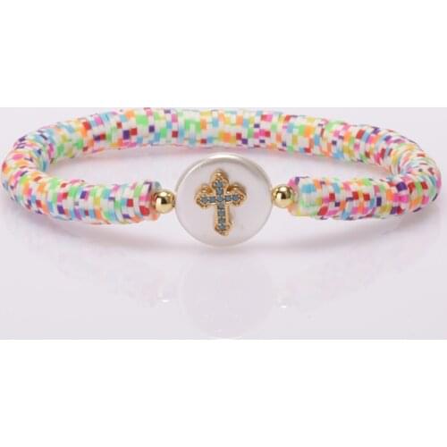 Boho shell pearl bead with cz paved cross Virgin Mary statue charm rainbow clay silicone plastic beaded bracelets for woman