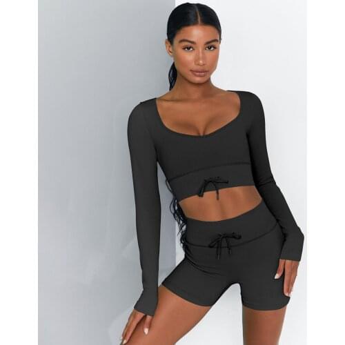 Women Knitting Workout Sport Set Sexy Seamless Long Sleeve Crop Top And Cycling Shorts Bottom Gym Sport Suit