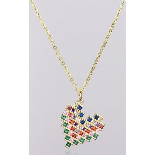 Gold filled women Multicolor initial cz necklace rainbow zircon heart copper pendent necklace for women link chain jewelry gift