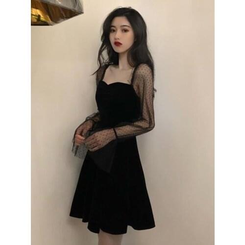 Sannian Women Dress 2021 Spring New Style Mesh Stitching Puffy Little Black Dresses Retro Waist Square Neck Dress Women Clothes