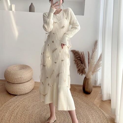 Korean Chic Slim Knit Sweater Dress Women Knitted with Mesh Spaghetti Strap Dress Female Long Sleeve Soft Vestidos Winter Autumn