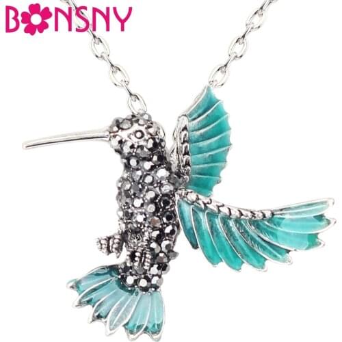 Bonsny Enamel Rhinestone Hummer Hummingbird Necklace Pendant Chain Choker Metal Animal Jewelry For Women Girls Ladies Teens Bulk