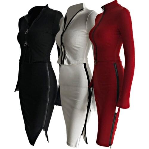 XLLAIS Ribbed Sexy Party Zippers Sweatsuits Sets Women Long Sleeve Tight Bodycon Coats High Waist Pencil Skirt Two Piece Outfit