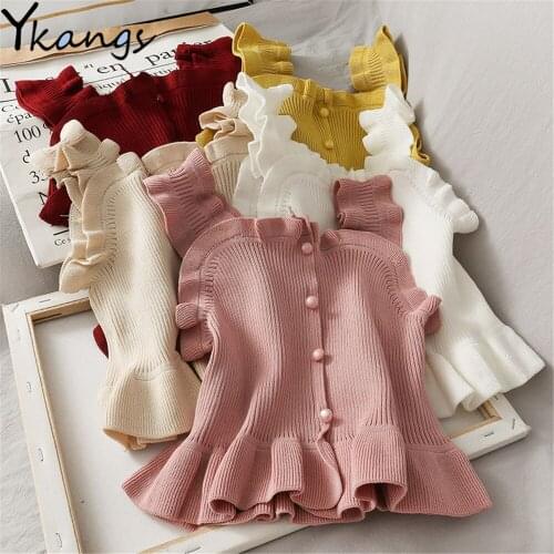 Sweet Pearl Single-Breasted Ruffle Short Knitted Crop Tops Women Elastic Sexy Streetwear Tube Tops Summer Sleeveless Tank Top