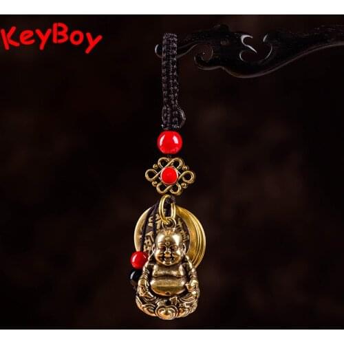 Brass Smiling Maitreya Buddha Car Key Chain Pendants Jewelry Vintage Copper Handbag Lanyard Hanging Handmade Woven Rope Keyrings