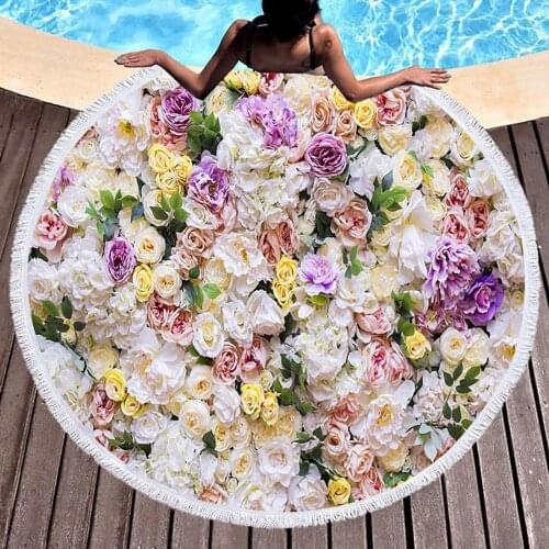 Kawaii Flowers Rose Bush Pink Beach Bath Towel Round Sea Blanket Seaside Yoga Carpet Picnic Mat Absorbent Manteau Cover Cloak
