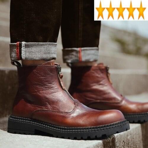 Men Warm Work Winter England Style High-Top Genuine Leather Shoes Retro Zipper Casual Biker Desert Ankle Boots 38-43