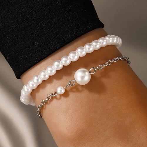 Docona 2pcs/set Bohemian Pearl Beaded Bracelet Set for Women 2021 Fashion Adjustable Alloy Metal Party Statement Jewelry 18793