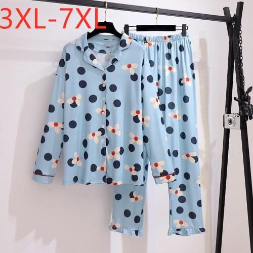 New Ladies Autumn Winter Plus Size Pajamas Sets For Women Large Loose Blue Dot Shirt And Pants Home Wear Suit 4XL 5XL 6XL 7XL